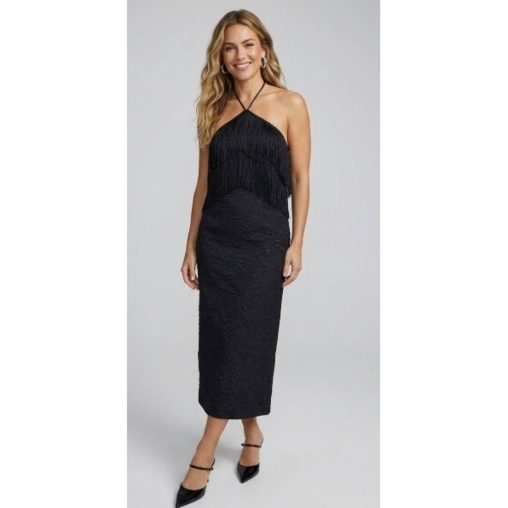 Hyacinth House Black Fringe Halter Natalia Midi Dress Small Flapper Whimsigoth